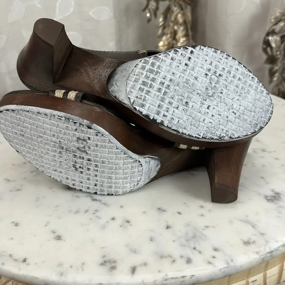 Cole Haan Brown Leather Raffia Woven Straps Wooden Platform Block‎ Heel Sandals